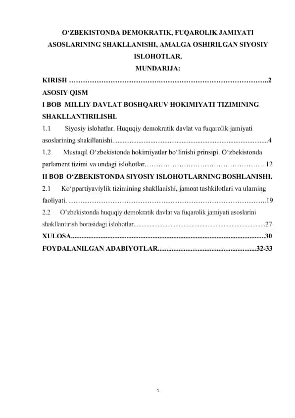 O‘ZBEKISTONDA DEMOKRATIK, FUQAROLIK JAMIYATI ASOSLARINING SHAKLLANISHI, AMALGA OSHIRILGAN SIYOSIY ISLOHOTLAR