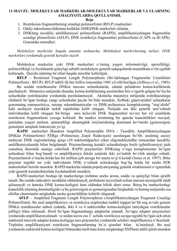 Molekulyar markerlar va ularning amaliyotlarda qo‘llanishi