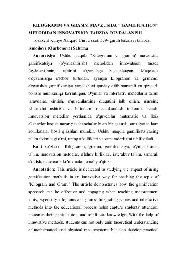 Kilogramm va gramm mavzusida "Gamification" metodidan innovatsion tarzda foydalanish