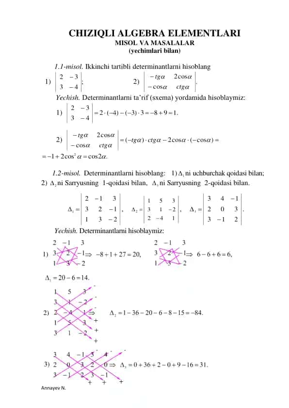 CHIZIQLI ALGEBRA ELEMENTLARI MISOL VA MASALALAR