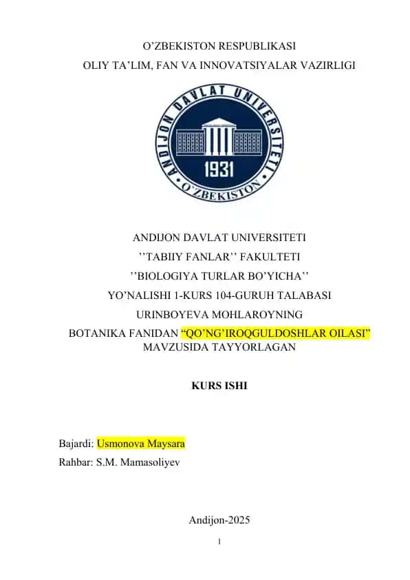 "Qo’ng’iroqguldoshlar oilasi" mavzusida kurs ishi