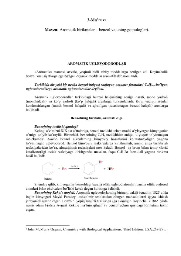 Aromatik birikmalar - benzol va uning gomologlari