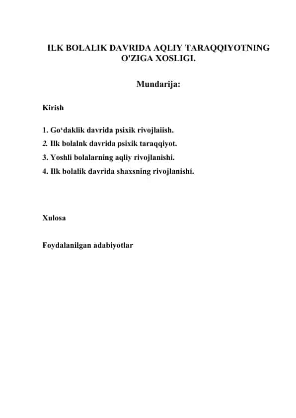 ILK BOLALIK DAVRIDA AQLIY TARAQQIYOTNING O'ZIGA XOSLIGI