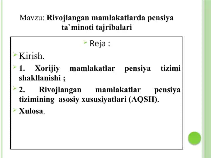 Rivojlangan mamlakatlarda pensiya ta'minoti tajribalari