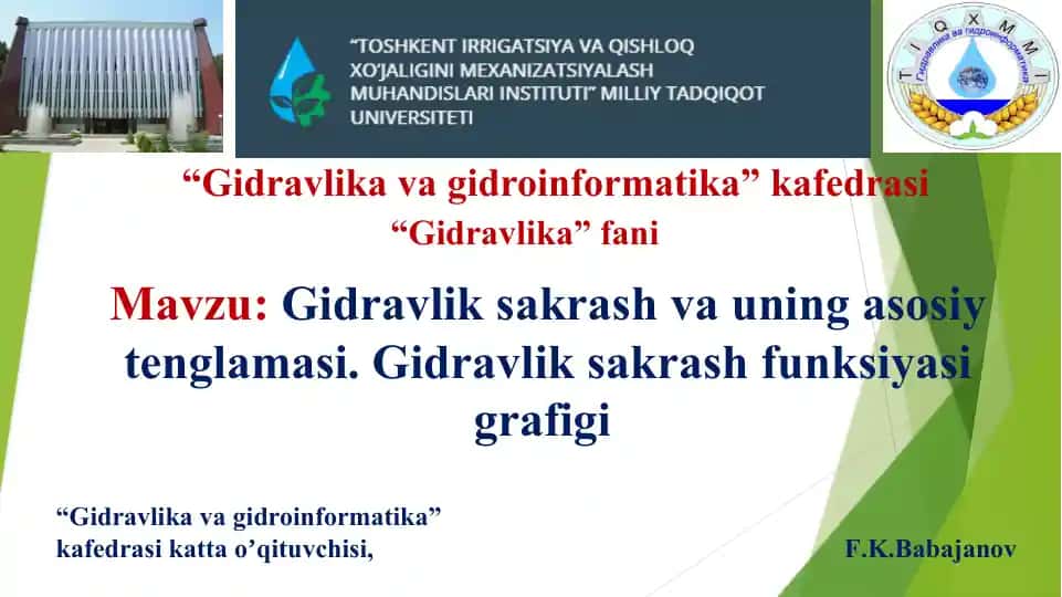 Gidravlik sakrash va uning asosiy tenglamasi