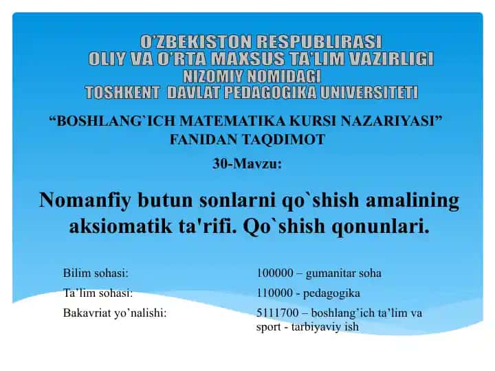 BOSHLANG`ICH MATEMATIKA KURSI NAZARIYASI