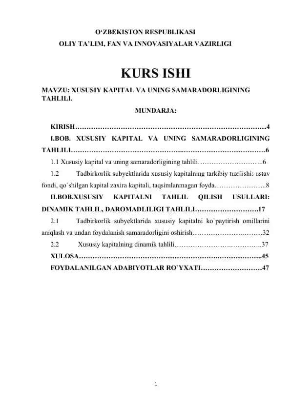 XUSUSIY KAPITAL VA UNING SAMARADORLIGINING TAHLILI.
