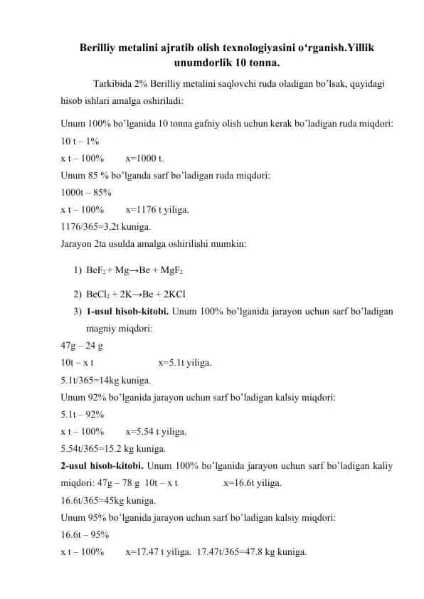 Berilliy metalini ajratib olish texnologiyasi