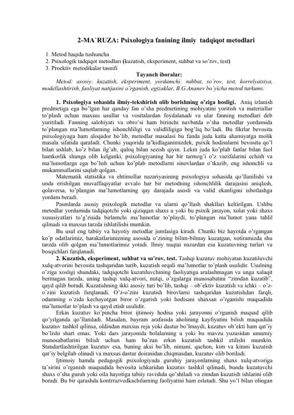 Psixologiya fanining ilmiy tadqiqot metodlari