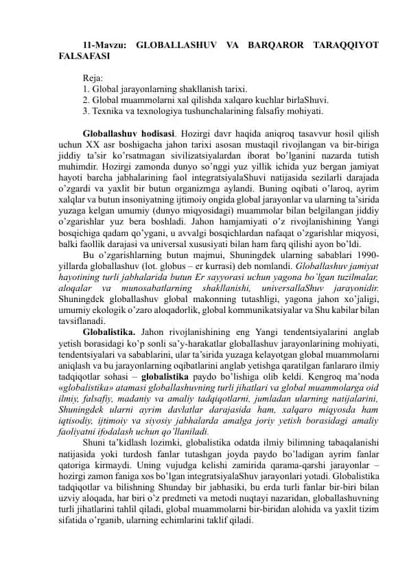 GLOBALLASHUV VA BARQAROR TARAQQIYOT FALSAFASI