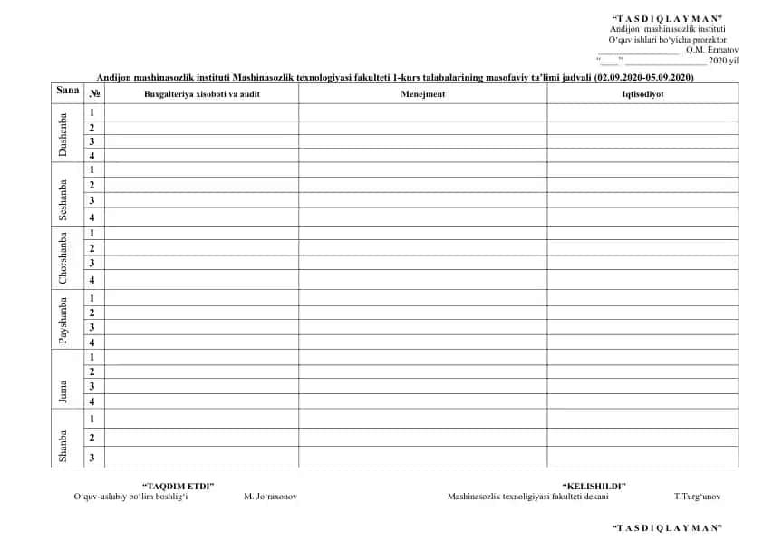 Mashinasozlik texnologiyasi fakulteti 1-kurs talabalari masofaviy ta'limi jadvali