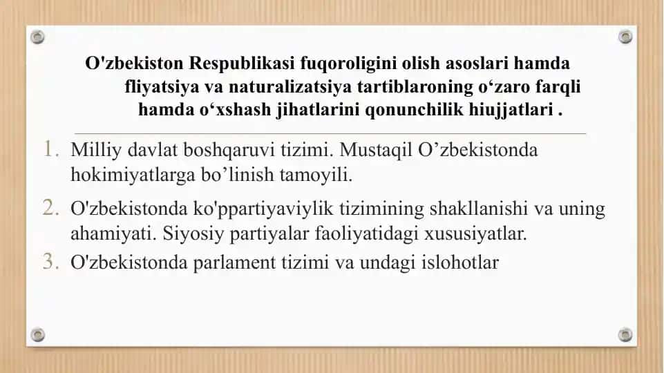 O'zbekiston Respublikasi fuqoroligini olish asoslari hamda fliyatsiya va naturalizatsiya tartiblaroning o‘zaro farqli hamda o‘xshash jihatlarini qonunchilik hiujjatlari