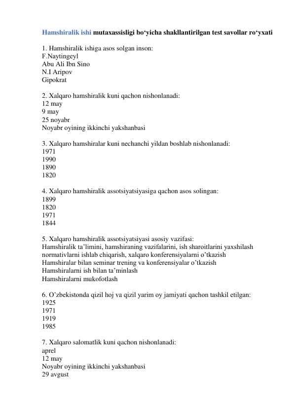 Hamshiralik ishi bo‘yicha test savollar ro‘yxati