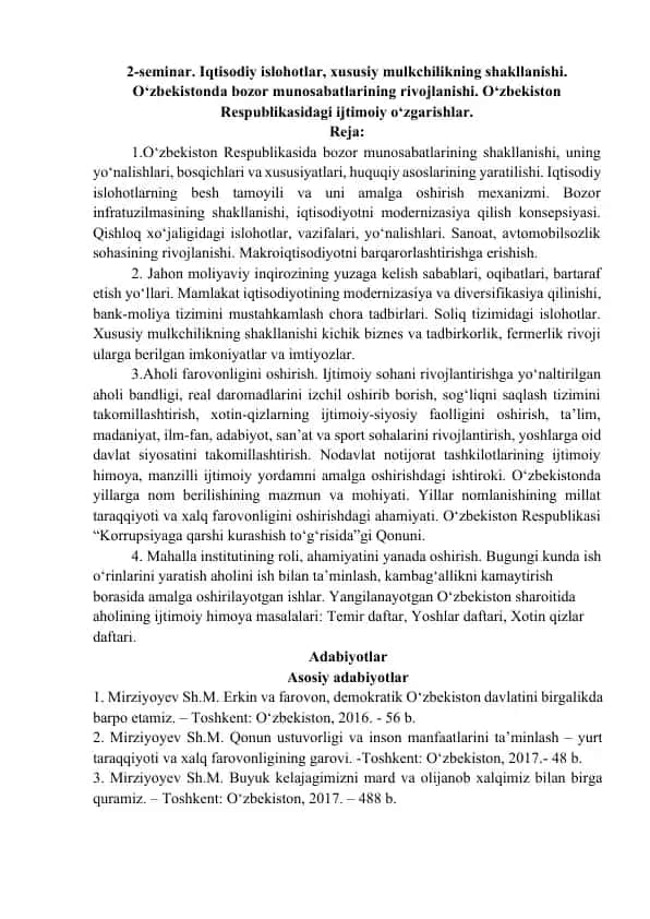 Iqtisodiy islohotlar, xususiy mulkchilikning shakllanishi
