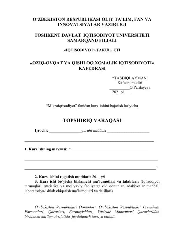 Kurs ishi "Mikroiqtisodiyot"