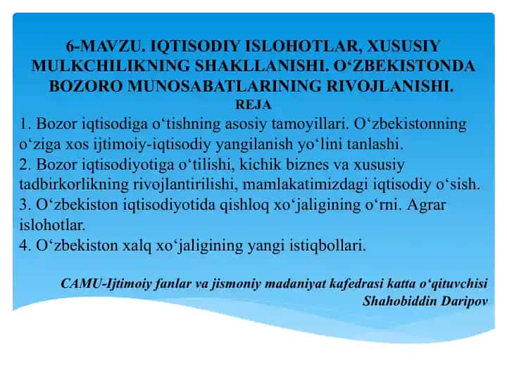 Bozor iqtisodiga o‘tishning asosiy tamoyillari