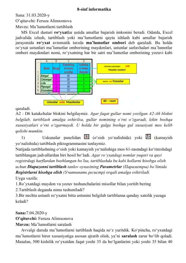 MS Excel dasturi amallari