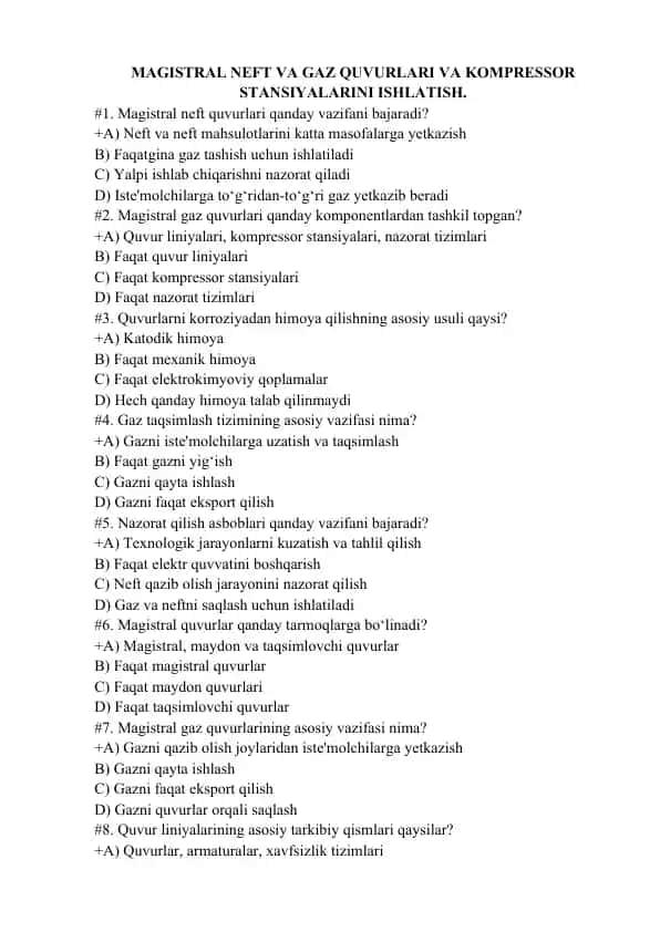MAGISTRAL NEFT VA GAZ QUVURLARI VA KOMPRESSOR STANSIYALARINI ISHLATISH
