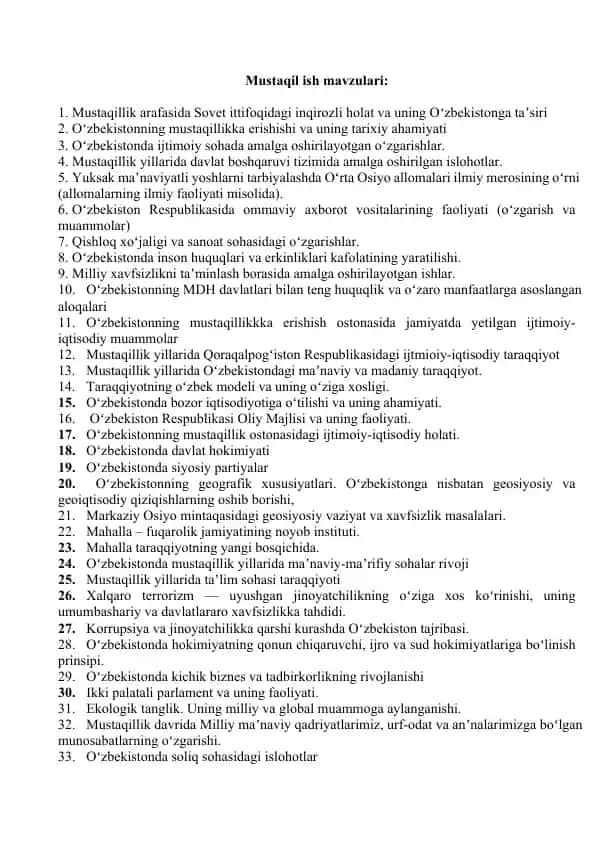 Mustaqil ish mavzulari