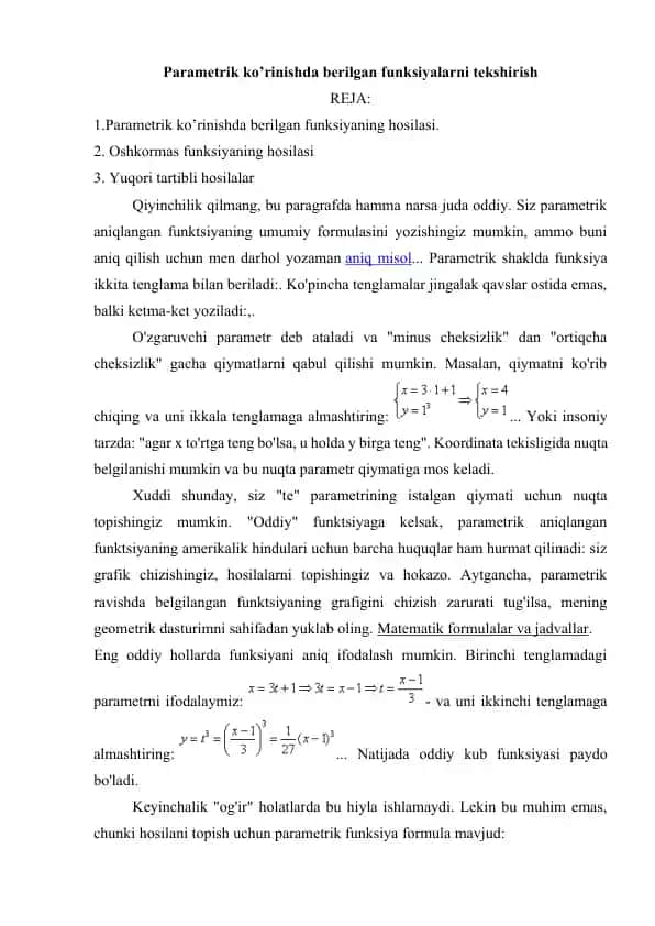 Parametrik ko’rinishda berilgan funksiyalarning hosilasini topish
