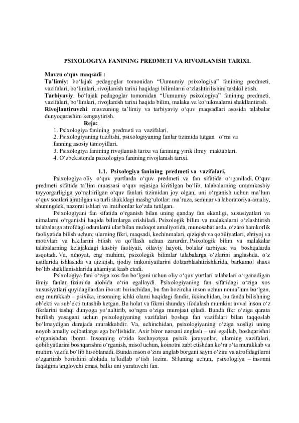 Psixologiya fanining predmeti va rivojlanish tarixi