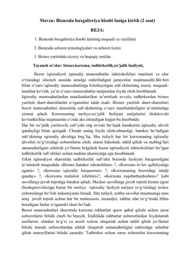 Biznesda Buxgalteriya Hisobi Faniga Kirish (2 Soat)