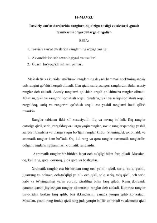 Tasviriy san’at ranglarning o’ziga xosligi