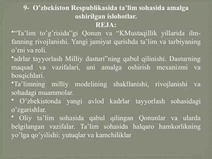 O’zbekiston Respublikasida ta’lim sohasida amalga oshirilgan islohotlar