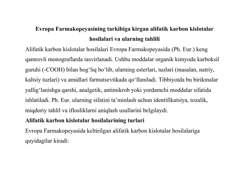 Alifatik karbon kislotalar hosilalari va ularning tahlili