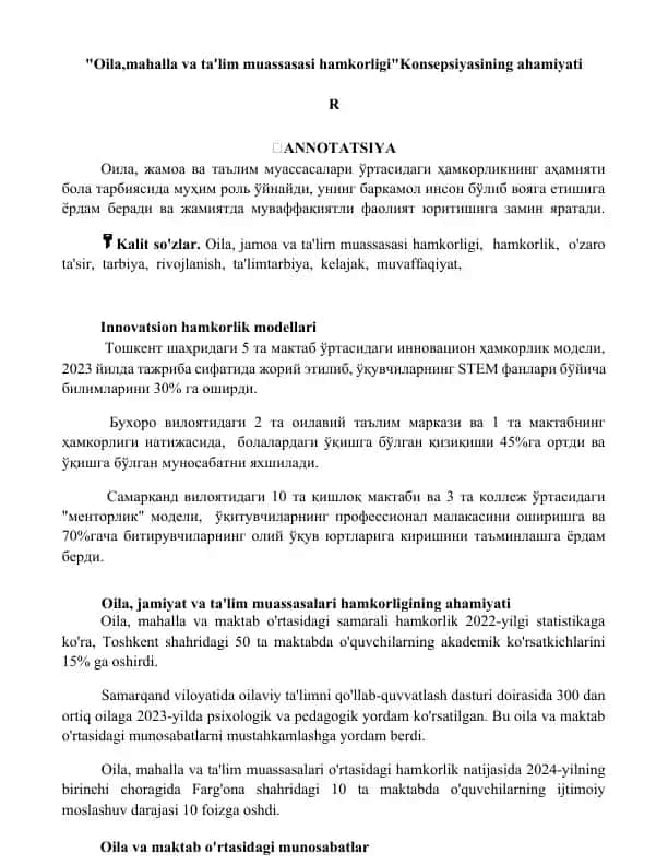Oila, mahalla va ta'lim muassasasi hamkorligi konsepsiyasi
