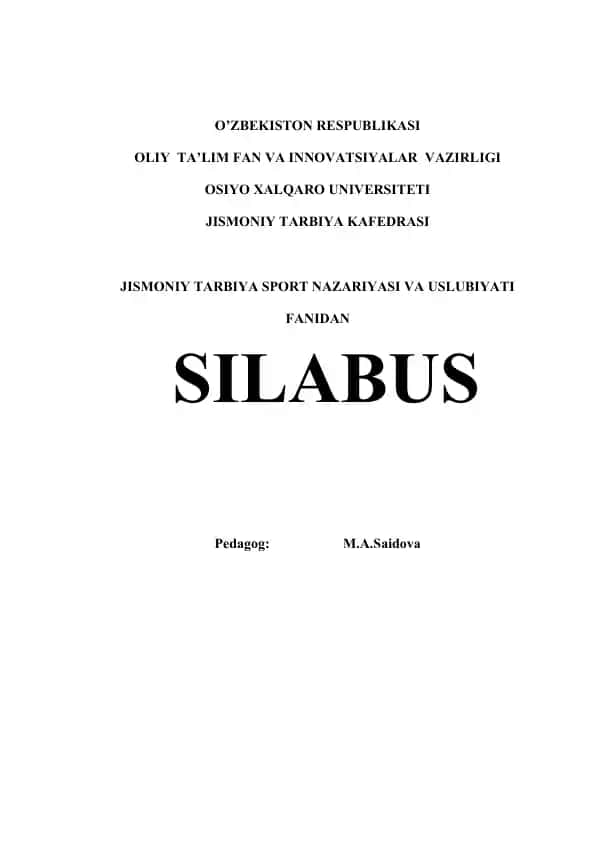 Jismoniy Tarbiya, Sport Nazariyasi va Uslubiyati Silabus