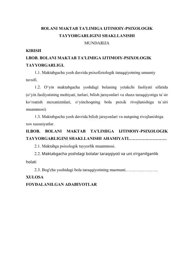 BOLANI MAKTAB TA'LIMIGA IJTIMOIY-PSIXOLOGIK TAYYORGARLIGINI SHAKLLANISHI