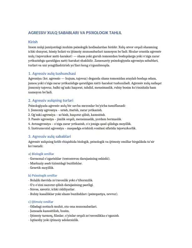 Agressiv Xulq Sabablari va Psixologik Tahlil