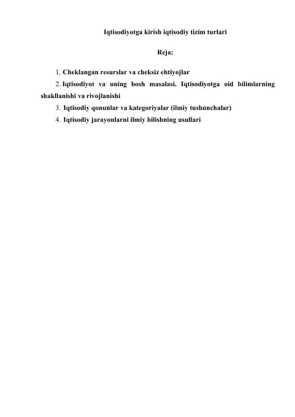 Iqtisodiyotga kirish iqtisodiy tizim turlari