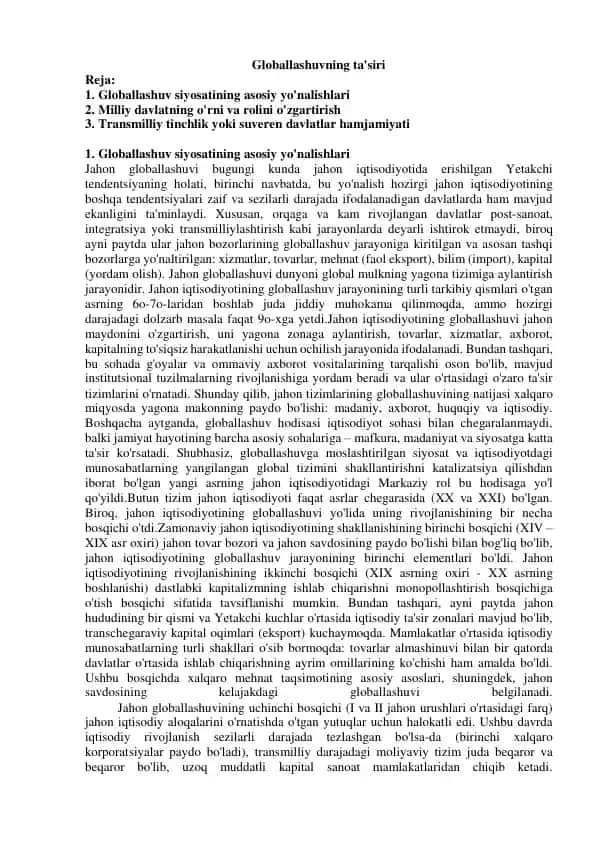 Globallashuvning ta'siri