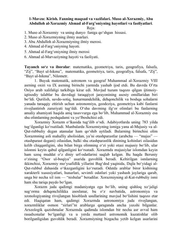 Muhammad al-Xorazmiyning hayot va faoliyatlari