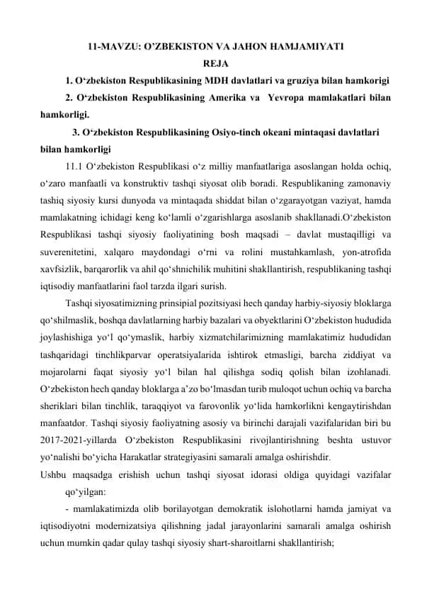 O‘ZBEKISTON VA JAHON HAMJAMIYATI