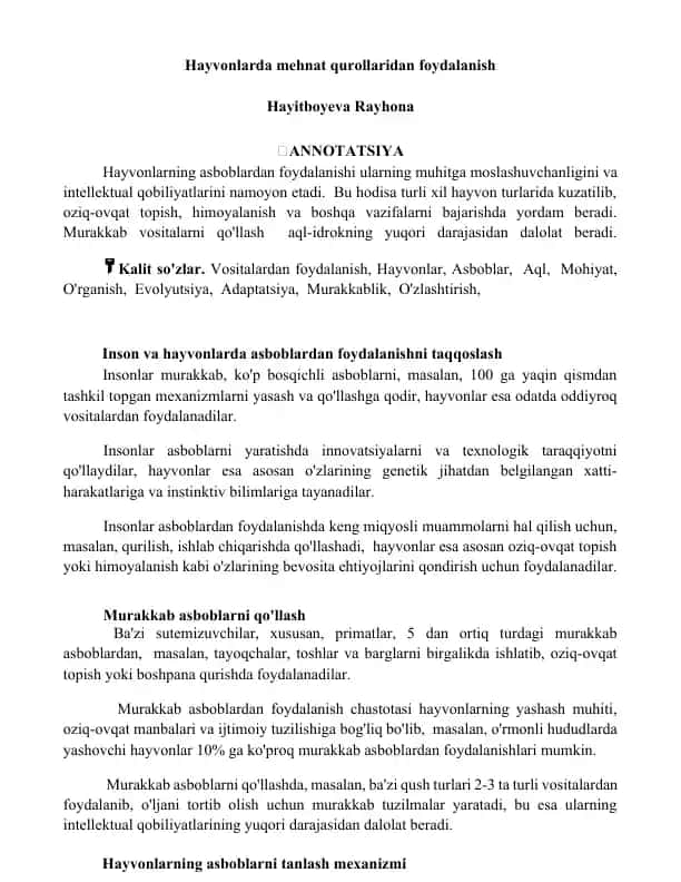 Hayvonlarda mehnat qurollaridan foydalanish