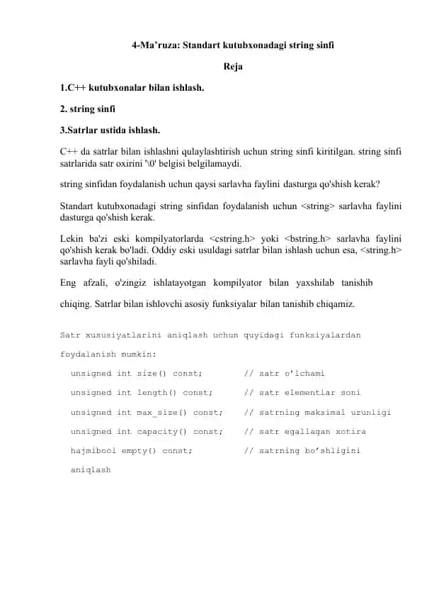 Standart kutubxonadagi string sinfi