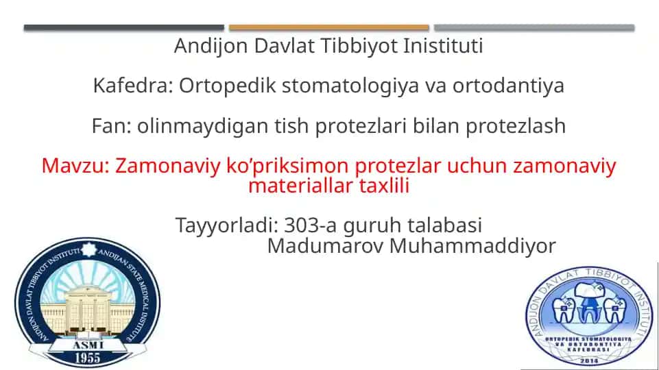 Zamonaviy ko’priksimon protezlar uchun zamonaviy materiallar tahlili