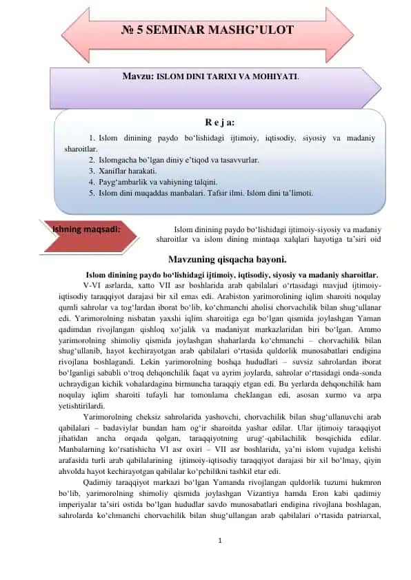 Islom dinining paydo bo‘lishidagi ijtimoiy-siyosiy va madaniy sharoitlar va islom dining mintaqa xalqlari hayotiga ta’siri