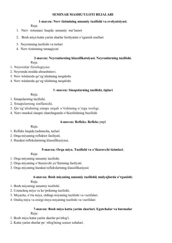 Seminar mashg‘uloti rejalar to‘plami: Nerv tizimi va oliy nerv faoliyati