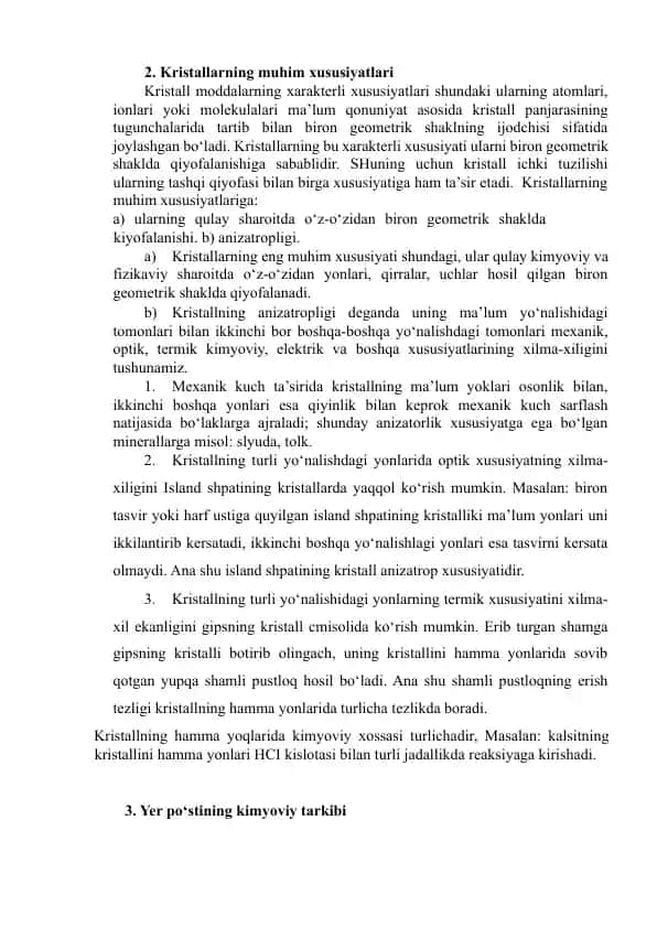 Kristallarning muhim xususiyatlari