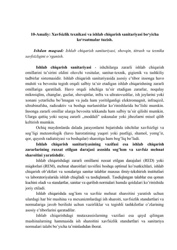 Amaliy ishlar: Xavfsizlik texnikasi va ishlab chiqarish sanitariyasi bo‘yicha ko‘rsatmalar