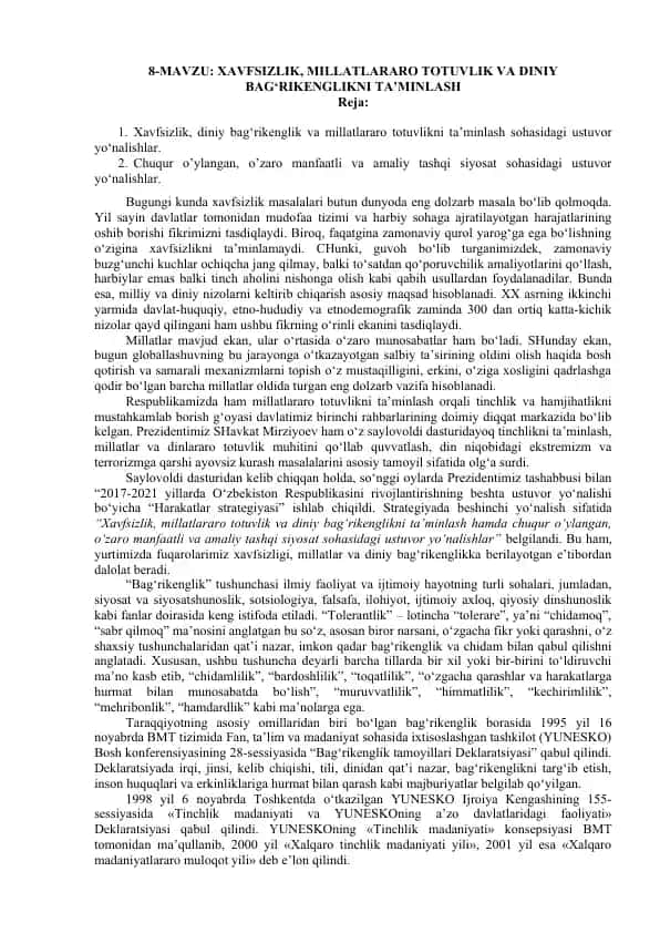 Xavfsizlik, millatlararo totuvlik va diniy bag'rikenglikni ta'minlash