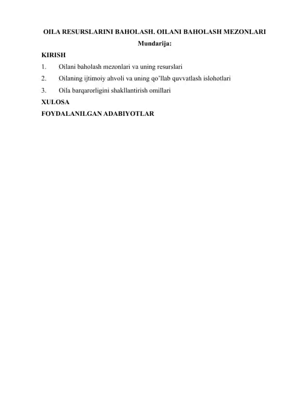 Oila resurslarini baholash. Oila baholash mezonlari