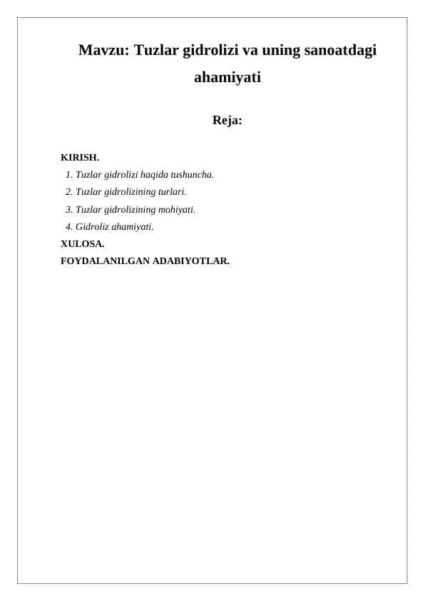 Tuzlar gidrolizi va uning sanoatdagi ahamiyati