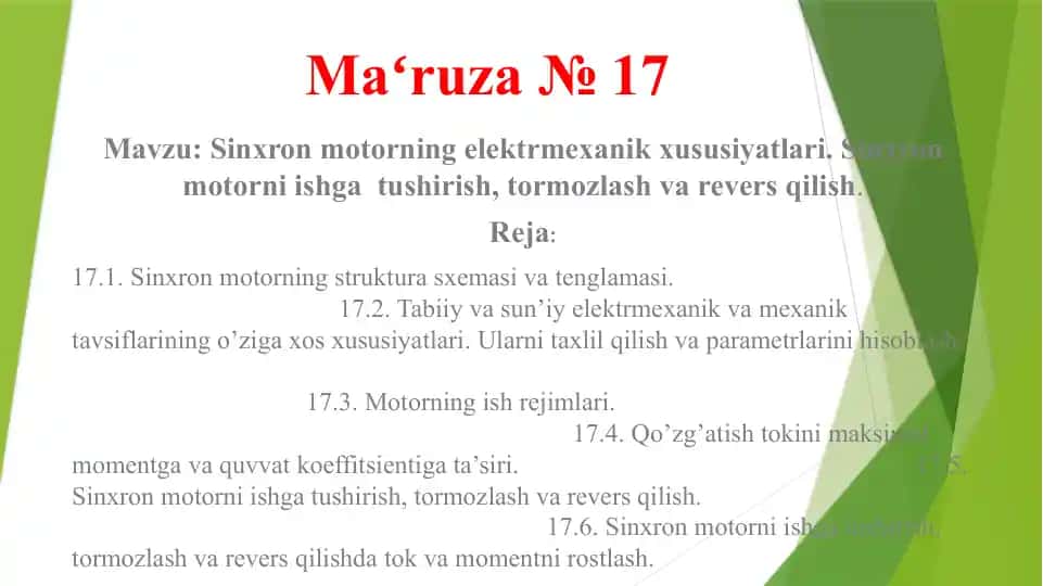 Sinxronmotorning elektr mehanik xususiyatlari