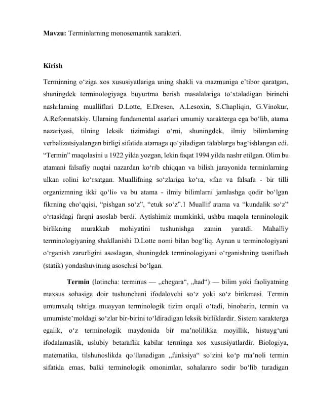 Terminlarning monosemantik xarakteri