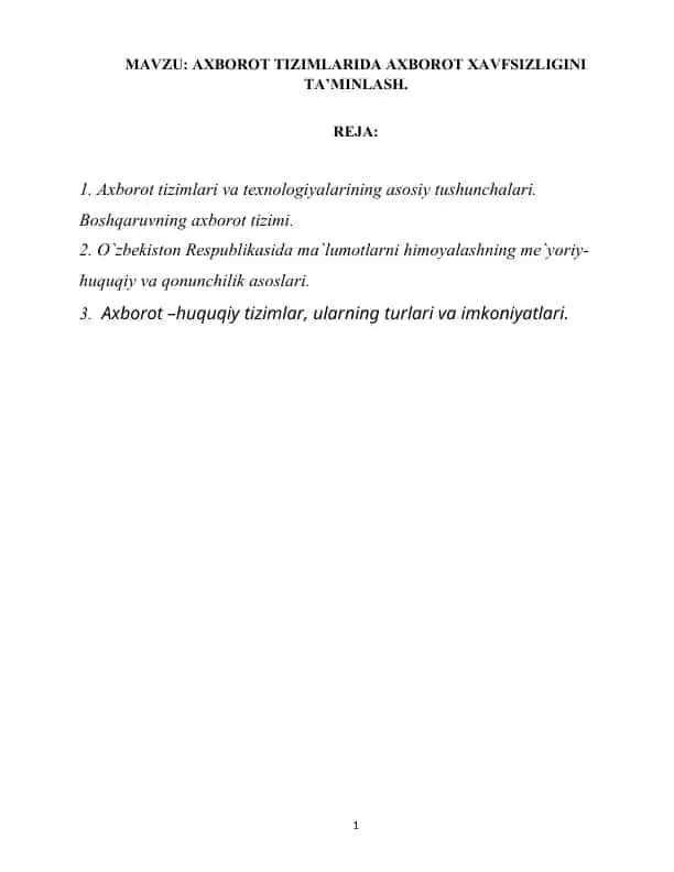 Axborot Tizimlarida Axborot Xavfsizligini Ta'minlash